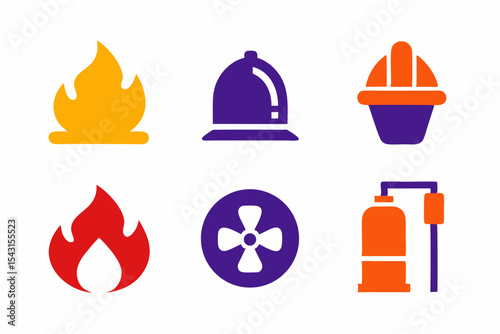 Vibrant Fire Safety Icons Set for Emergency Preparedness and Firefighting Equipment