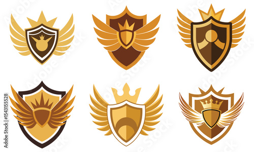 Royal Winged Shield Vector Emblems with Crowns – Vintage Heraldic Logo Set for Branding and Design, Golden Winged Shield Logos with Crowns, Royal Vector Emblem Set for Luxury Branding and Heraldry