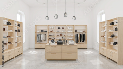 Minimalist boutique interior with fashionable merchandise