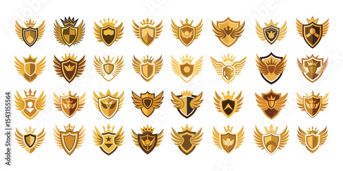 Premium Gold Winged Shield Emblems Vector Set  Royal Badge Logos with Crowns, Stars and Heraldic Symbols, Vector shield and Heraldic  symbols eps