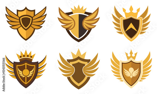 Royal Winged Shield Vector Emblems with Crowns – Vintage Heraldic Logo Set for Branding and Design, Golden Winged Shield Logos with Crowns, Royal Vector Emblem Set for Luxury Branding and Heraldry