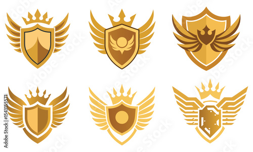 Royal Winged Shield Vector Emblems with Crowns – Vintage Heraldic Logo Set for Branding and Design, Golden Winged Shield Logos with Crowns, Royal Vector Emblem Set for Luxury Branding and Heraldry
