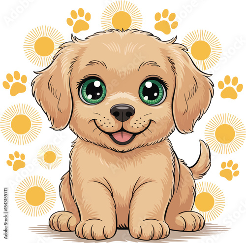Playful Puppy with Sunburst Paw Prints Vector Art