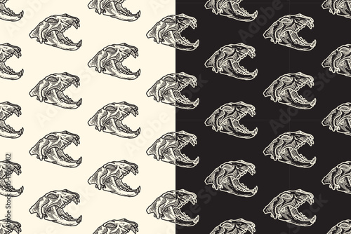 Saber predator head skull side view line art engraving seamless pattern on black white background. Tiger skull bone hatching doodle pattern background for wildlife packaging and merchandise