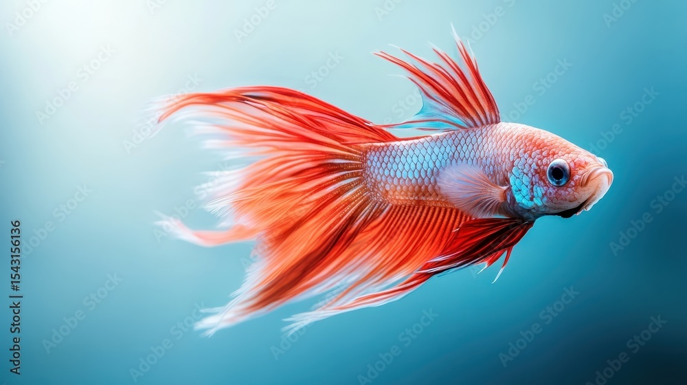 Fototapeta premium A vibrantly colored Betta fish glides through the water, showcasing its flowing fins and elegant motion, embodying grace and beauty in aquatic life.