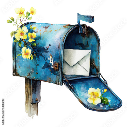 Rusty Blue Mailbox with Flowers