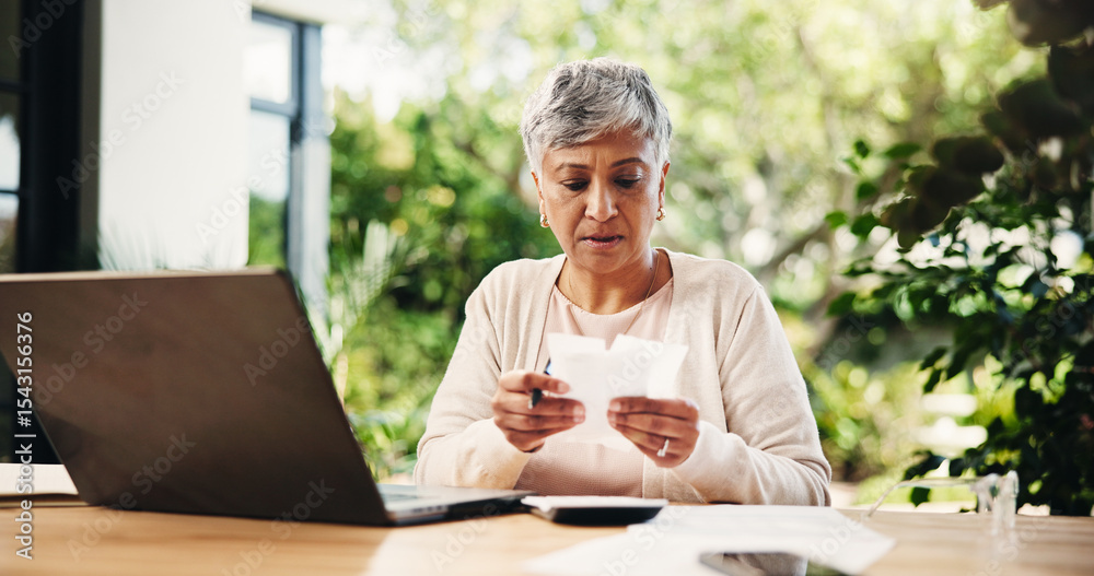 Ταπετσαρία Receipt, laptop and stress with old woman in home for life insurance, widow payout and research