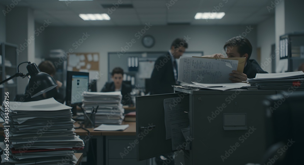Fototapeta premium Employees work diligently in a busy corporate office environment surrounded by stacks of paperwork and filing cabinets.