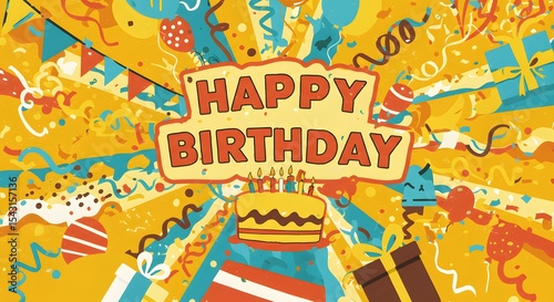 Birthday celebration illustration depicts a festive scene with a decorated cake and scattered presents for a party atmosphere.