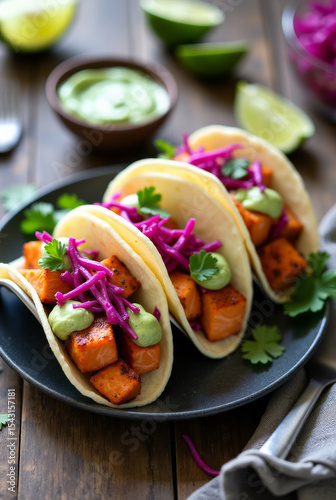 Salmon Tacos with Avocado Crema and Pickled Onion — Gourmet Trio Plated