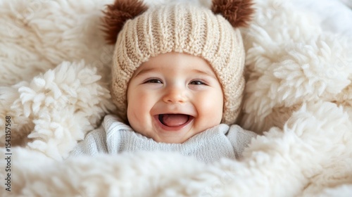 Adorable baby wearing a cozy, knitted hat, smiling joyfully and wrapped in a fluffy blanket, radiating warmth, innocence, and happiness in a serene indoor setting.