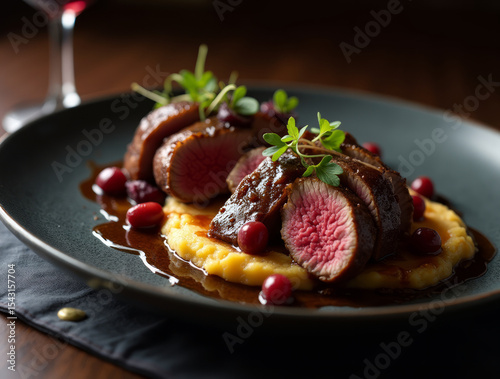 Seared Duck Breast with Cherry Reduction and Root Mash — Fine Dining Presentation