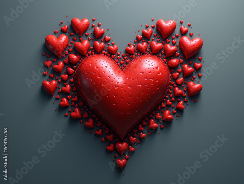 Red Heart with Smaller Hearts Radiating Outward in a Fractal-Like Pattern on a Cool Slate Background
