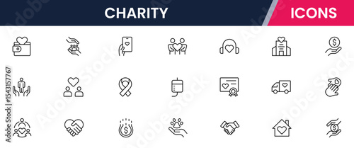 Vector illustration web line icon collection for charity: donations, volunteering, hearts, and community support symbols in a compassionate, modern, and clean design style.
