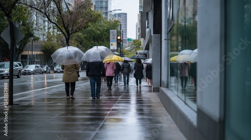 Pedestrians with umbrellas traverse wet urban street during drizzle. Reflections abound with overcast lighting. AI generated.