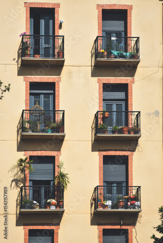 Spain Valencia Ruzafa Neighborhood Close-Up of Four Balconies on Residential Block