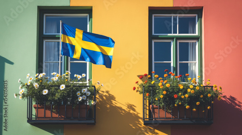 Swedish Flag on Stockholm Balcony with Summer Wildflowers and Colorful Facade