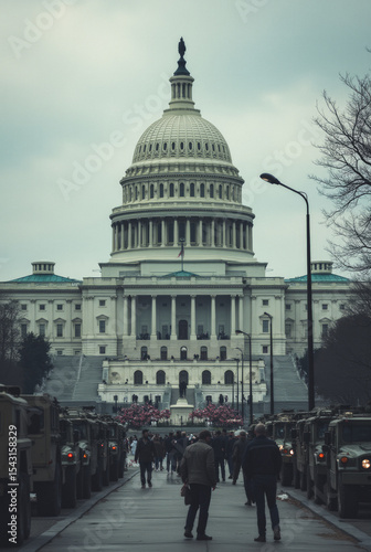 Fictional Concept: Congress Building Under Martial Law — The Capitol Barricaded and Flanked by Military Vehicles, Symbolizing Government Control and the Collapse of Civil Liberties