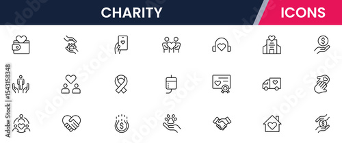 Vector illustration web line icon collection for charity: donations, volunteering, hearts, and community support symbols in a compassionate, modern, and clean design style.