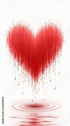 Red Heart Composed of Tiny Vertical Raindrop Streaks as if Drawn by Falling Rain