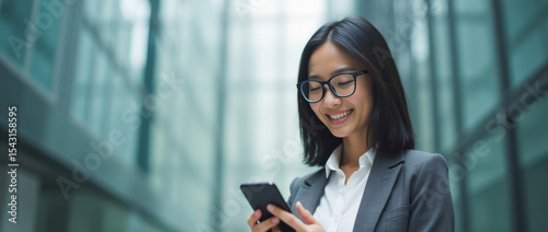 Asian Businesswoman Texting on Her Smartphone Wearing Professional Attire