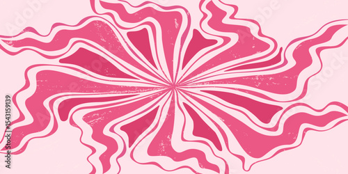 Dynamic radial pink candy sweet summer retro background. Bright candies ice cream wavy rays with swirl. Grunge texture.