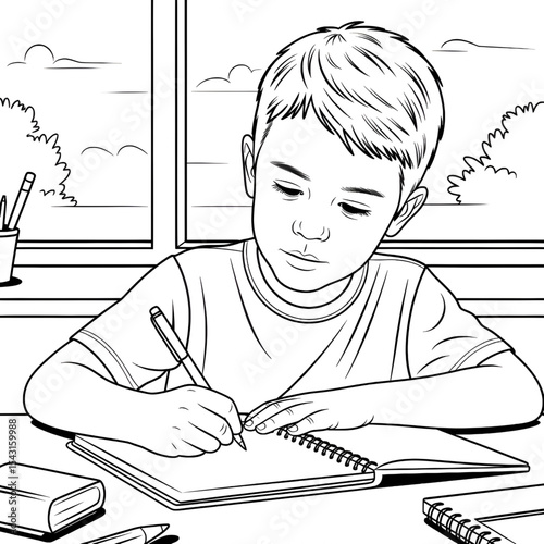 A boy is writing in a notebook with a pen coloring  page line art