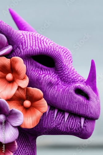Profile of a Purple Dragon Adorned with Pink Flowers