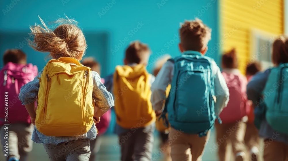 Fototapeta premium A group of joyful children runs excitedly, showcasing colorful backpacks against a vibrant background, symbolizing youth and adventure in a playground setting.