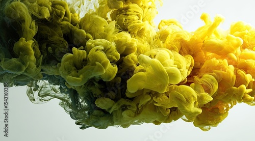 Vibrant yellow and green ink clouds in water.  Intricate swirls and gradients create a mesmerizing display