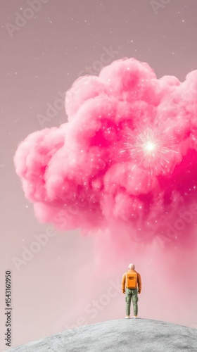 Solitary Astronaut Gazing at a Sparkling Pink Cosmic Cloud