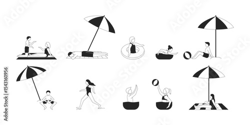Diverse bathers enjoying beach activities 2D line characters set. Sunbathing relaxing under umbrellas, swimming isolated vector ink outline people faceless. Monochrome spot illustrations collection
