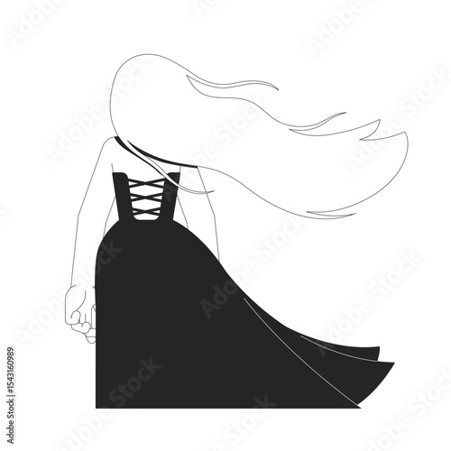 Windswept hair blonde woman in flowing dress back view 2D line character. European girl in windy romantic contemplation isolated vector ink outline person faceless. Monochromatic spot illustration