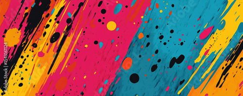 Vibrant abstract background featuring dynamic splashes of color in pink, blue, orange, and black, creating energetic and lively atmosphere. Perfect for artistic and creative projects