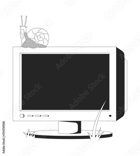 Snail perched atop CRT monitor 2D line object. Retro technology with grass blades. Y2K tech natural. Electronics nostalgia isolated clipart vector ink outline item. Monochrome spot illustration