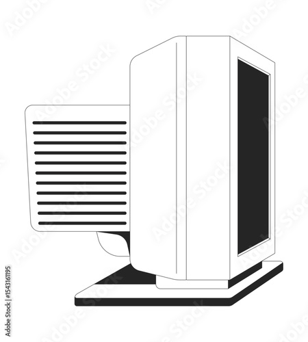 Side view of retro CRT monitor screen 2D line object. Y2k 90s computing hardware. Tech nostalgia. Oldschool technology isolated clipart vector ink outline item. Monochrome spot illustration