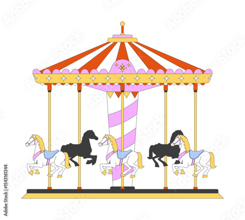 Vintage carousel with spinning horses 2D cartoon object. Striped canopy nostalgic merry go-round. Classic fair entertainment ride isolated element flat vector clip art on white. Spot illustration
