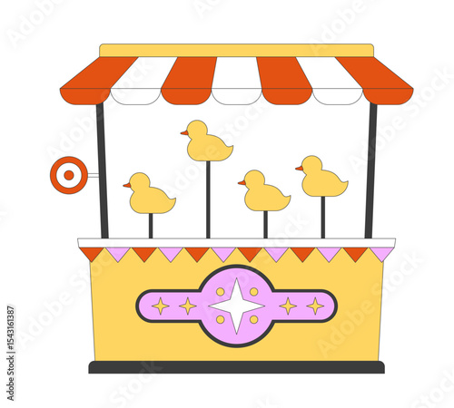 Duck shooting carnival game booth 2D cartoon object. Striped canopy retro amusement attraction. Funfair arcade targets stall isolated element flat vector clip art on white. Spot illustration