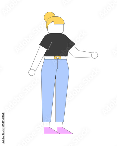 Standing woman in casual outfit 2D cartoon character. Blonde girl in modern clothing. Female figure in everyday fashion flat vector faceless person isolated on white. Spot illustration colorful