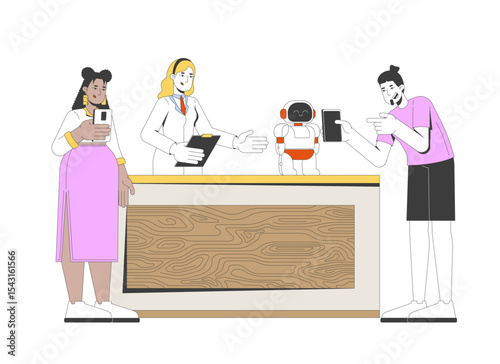 Diverse gen z attendees taking photos of robot at science expo booth 2D cartoon characters. STEM woman presenting robotics on event flat vector people isolated on white. Spot illustration colorful