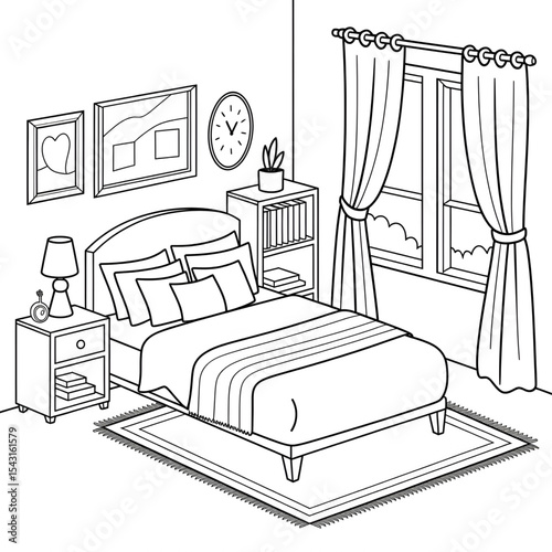 bedroom interior design coloring page line art