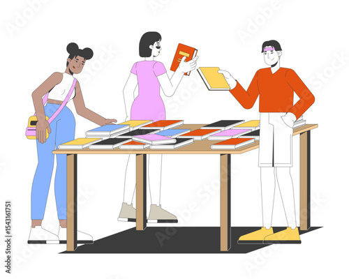 Diverse bookstore visitors browsing books on display table 2D cartoon characters. Bookshop students selecting novels on bookfair flat vector people isolated on white. Spot illustration colorful