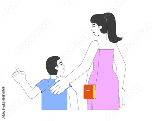Asian mother and son observing scene together 2D cartoon characters. Chinese woman with pointing boy standing side by side, facing away flat vector people isolated on white. Spot illustration colorful