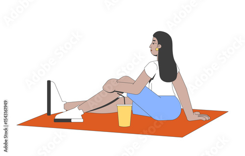 Modern indian woman lounging with drink on picnic blanket 2D cartoon character. Relaxing moment. South asian girl enjoying solo rest flat vector person isolated on white. Spot illustration colorful