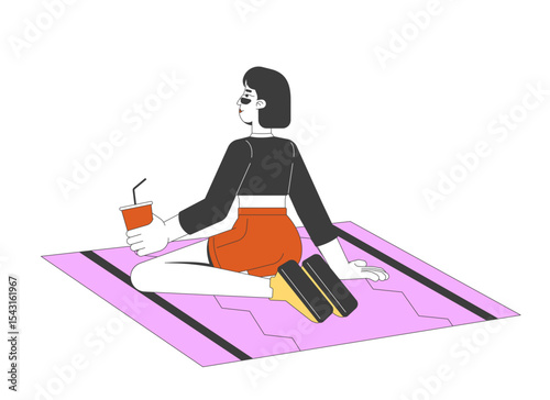 Trendy gen z chinese girl sitting on knees on patterned mat 2D cartoon character. Summer mood woman sipping refreshment drink straw flat vector person isolated on white. Spot illustration colorful