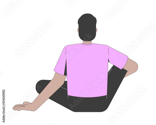 South asian faceless man sitting cross-legged from behind 2D cartoon character. Meditation contemplation. Casual male resting back view flat vector person isolated on white. Spot illustration colorful