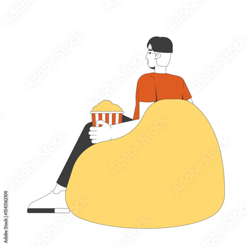 Young chinese man enjoying popcorn on bean bag 2D cartoon character. Snack time. Movie night. Asian boy with striped bucket in beanbag flat vector person isolated on white. Spot illustration colorful