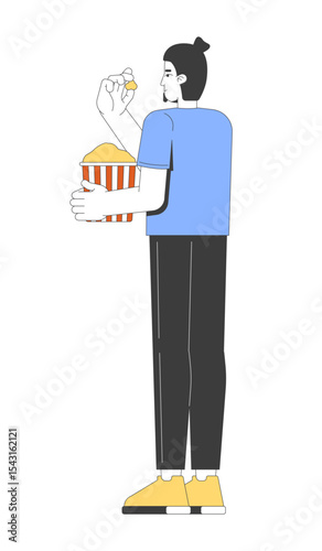 Caucasian topknot man standing and eating popcorn 2D cartoon character. Upright pose european male enjoying snack from striped bucket flat vector person isolated on white. Spot illustration colorful