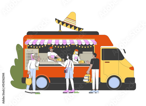 Crowded mexican food truck with tacos handoff 2D cartoon characters. Friendly vendors serving cultural meal to diverse customers flat vector people isolated on white. Spot illustration colorful