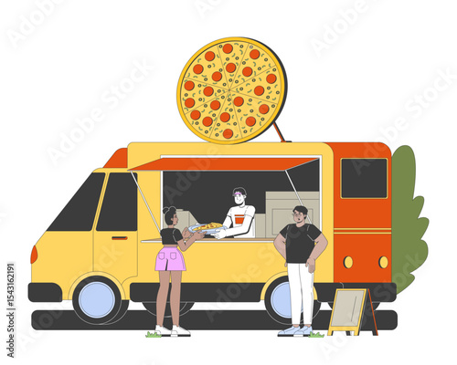 Pizza food truck with customers 2D cartoon characters. Female customer receiving pepperoni slice from mobile pizzeria vendor flat vector people isolated on white. Spot illustration colorful